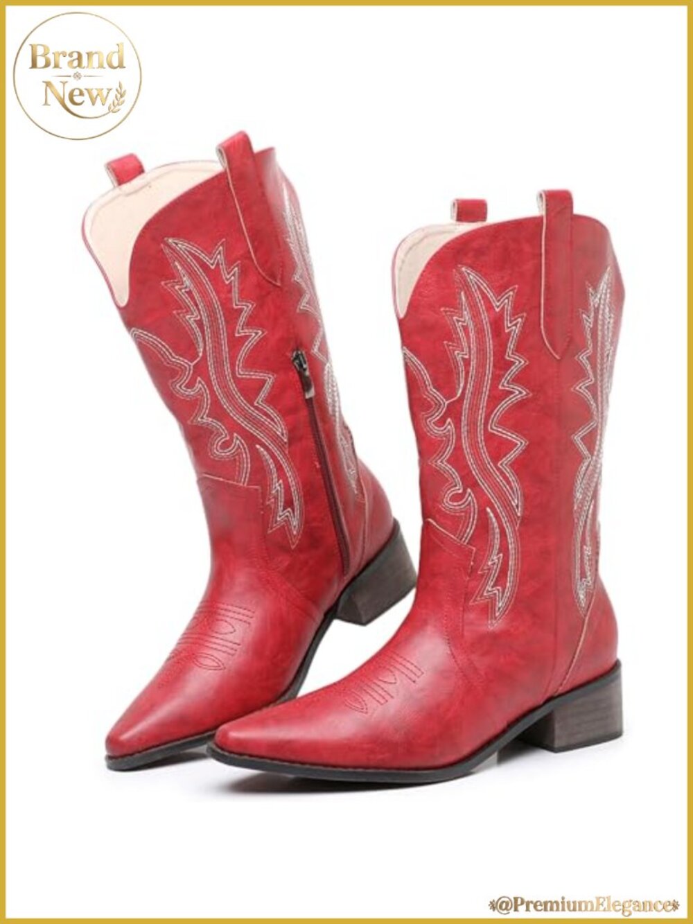 Women's Embroidered Cowboy Boots, Pointed Toe Chunky Heel Side Zip Mid Calf